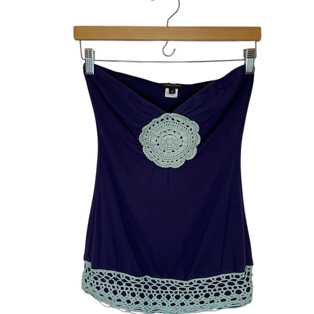 Y2K Anna Paul crochet tube top strapless stretch top navy blue aqua blue 2000’s